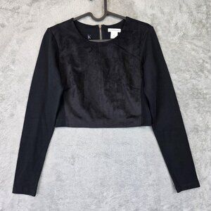 Club Monaco Isra Top Womens Small Black Long Sleeve Faux Suede Panel Crop Shirt